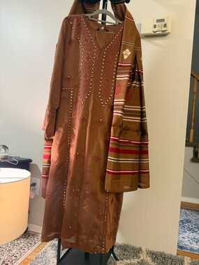 Limelight Brown Embroidered Salwar Kameez with Striped Dupatta